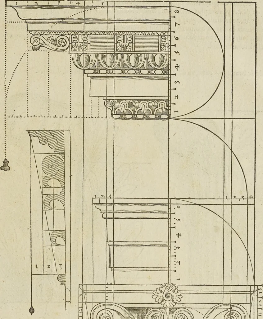 An illustration from Reigle generalle d'architectvre des cinq manieres de colonnes : à sçauoir, tuscane, dorique, ionique, corinthe, & cõposite : & enrichi de plusieurs autres, à exemple de l'antique, 1568, leaf 46