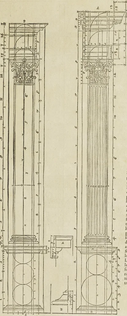 An illustration from Reigle generalle d'architectvre des cinq manieres de colonnes : à sçauoir, tuscane, dorique, ionique, corinthe, & cõposite : & enrichi de plusieurs autres, à exemple de l'antique, 1568, leaf 52