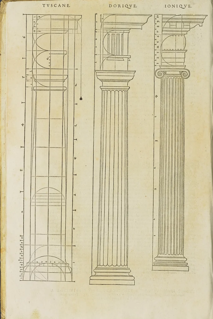An illustration from Reigle generalle d'architectvre des cinq manieres de colonnes : à sçauoir, tuscane, dorique, ionique, corinthe, & cõposite : & enrichi de plusieurs autres, à exemple de l'antique, 1568, leaf 9
