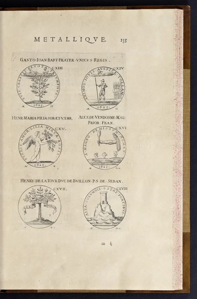 An illustration from Les familles de la France illvstrées par les monvmens des medailles anciennes et modernes : tirées des plus rares & curieux cabinets du royaume, sur les metaux d'or, d'argent & de bronze ..., 1636, leaf 174