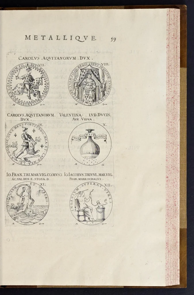 An illustration from Les familles de la France illvstrées par les monvmens des medailles anciennes et modernes : tirées des plus rares & curieux cabinets du royaume, sur les metaux d'or, d'argent & de bronze ..., 1636, leaf 98