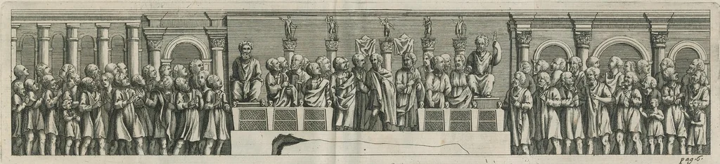 An illustration from De abbreuiatorum de parco maiori, siue, Assistentium S.R.E. Vicecancellario in literarum apostolicarum expeditionibus antiquo statu, illorumue in collegium erectione, munere, dignitate, praerogatiuis, ac priuilegijs : dissertatio historica, 1691, leaf 8