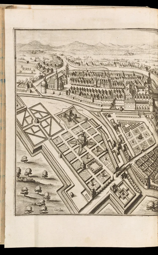 An illustration from Topographia Bohemiæ, Moraviæ et Silesiæ : das ist, Beschreibung vnd eigentliche Abbildung der vornehmensten vnd bekandtisten Stätte vund Plätze in den Königreich Boheim vnd einverleibten Landern, Mähren, vnd Schlesien, 1650, leaf 146