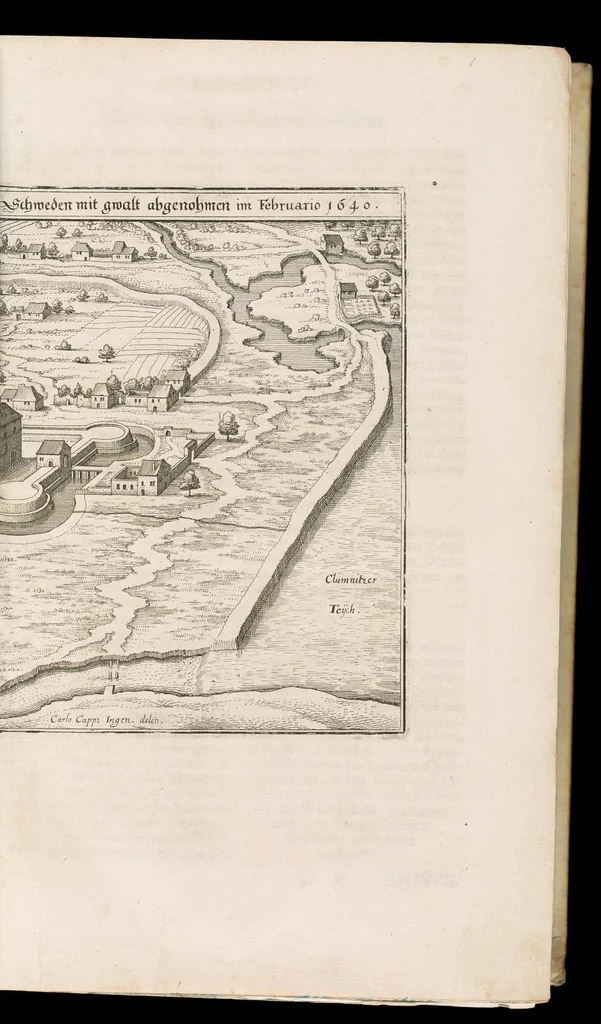 An illustration from Topographia Bohemiæ, Moraviæ et Silesiæ : das ist, Beschreibung vnd eigentliche Abbildung der vornehmensten vnd bekandtisten Stätte vund Plätze in den Königreich Boheim vnd einverleibten Landern, Mähren, vnd Schlesien, 1650, leaf 36