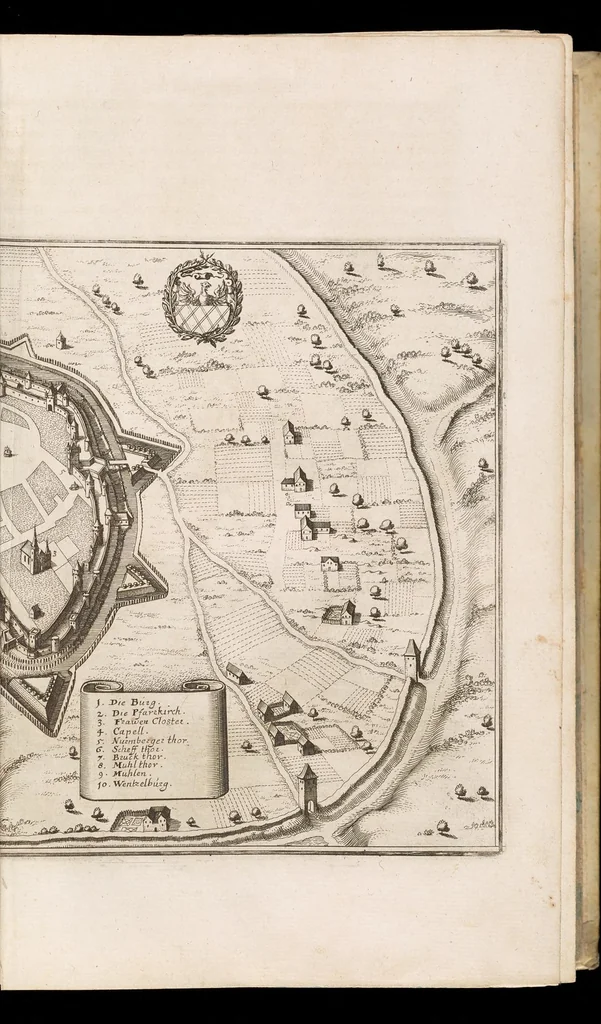 An illustration from Topographia Bohemiæ, Moraviæ et Silesiæ : das ist, Beschreibung vnd eigentliche Abbildung der vornehmensten vnd bekandtisten Stätte vund Plätze in den Königreich Boheim vnd einverleibten Landern, Mähren, vnd Schlesien, 1650, leaf 56