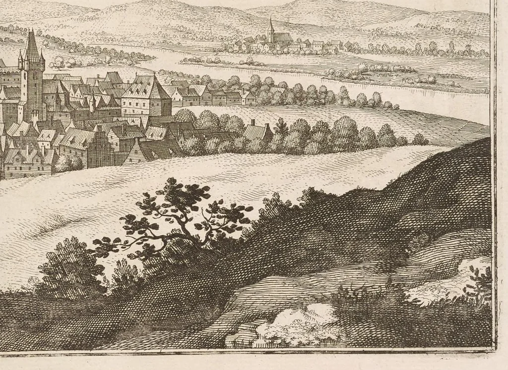 An illustration from Topographia Bohemiæ, Moraviæ et Silesiæ : das ist, Beschreibung vnd eigentliche Abbildung der vornehmensten vnd bekandtisten Stätte vund Plätze in den Königreich Boheim vnd einverleibten Landern, Mähren, vnd Schlesien, 1650, leaf 88