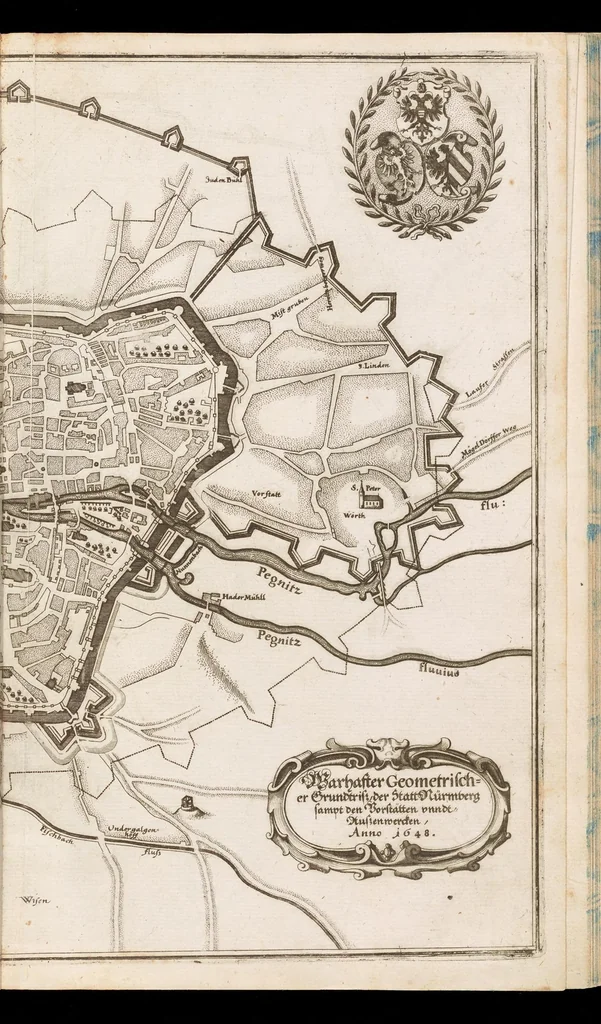 An illustration from Topographia Franconiæ : das ist, Beschreibung vnd eÿgentliche Contrafactur der vornehmbsten Stätte, vnd Plätze des Frankenlandes vnd deren, die zu dem hochlöbischen Fränkischen Craisse gezogen werden, 1648, leaf 100
