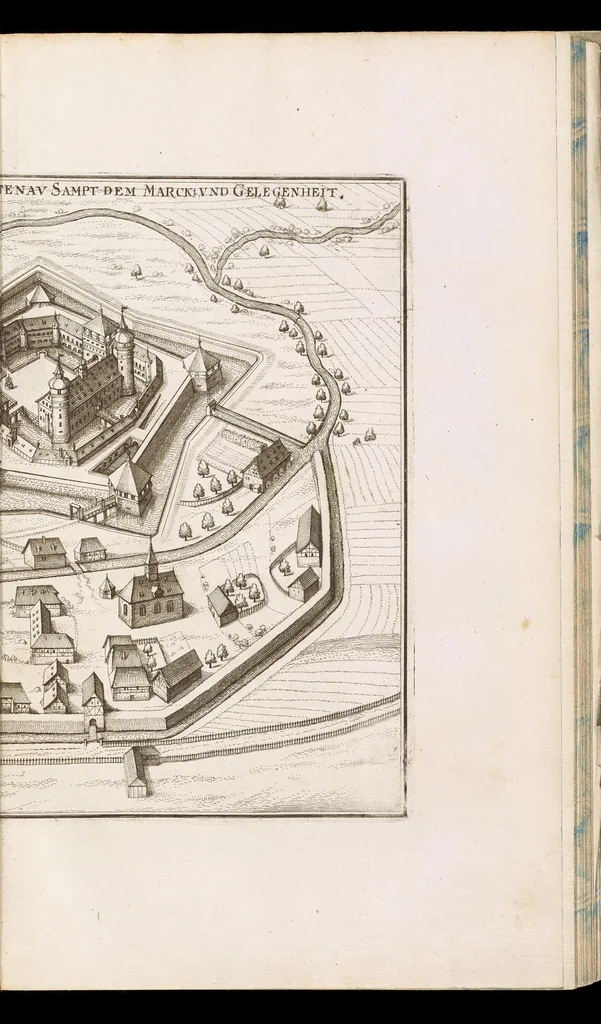 An illustration from Topographia Franconiæ : das ist, Beschreibung vnd eÿgentliche Contrafactur der vornehmbsten Stätte, vnd Plätze des Frankenlandes vnd deren, die zu dem hochlöbischen Fränkischen Craisse gezogen werden, 1648, leaf 76