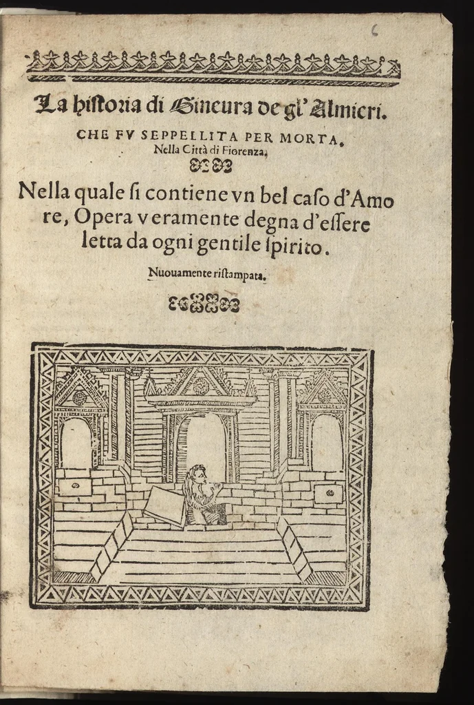 An illustration from La historia di Gineura de gl' Almieri, che fv seppellita per morta, nella città di Fiorenza : nella quale si contiene vn bel caso d'amore : opera veramente degna d'essere letta da ogni gentile spirito, 1572, leaf 10