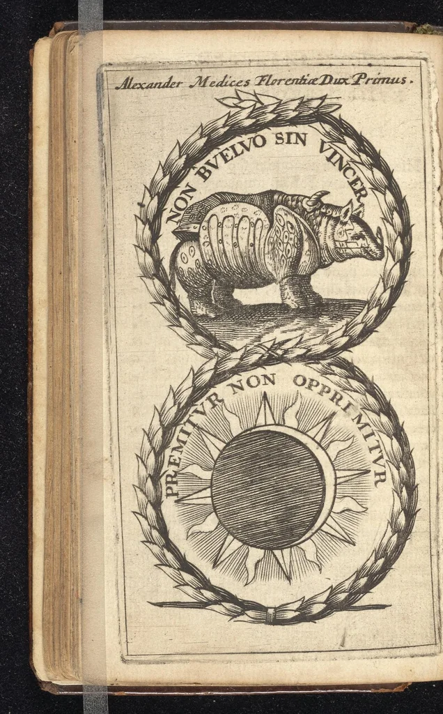 An illustration from Symbola varia diversorum principum, archiducum, ducum, comitum & marchionum totius Italiae : cum facili isagoge D. Anselmi de Boot, 1686, leaf 103