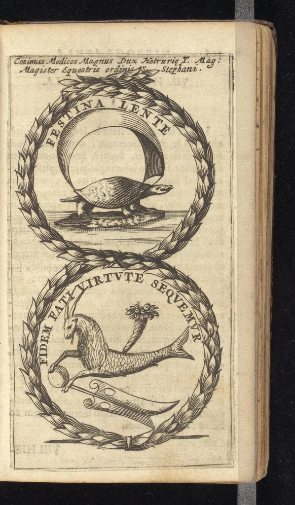 An illustration from Symbola varia diversorum principum, archiducum, ducum, comitum & marchionum totius Italiae : cum facili isagoge D. Anselmi de Boot, 1686, leaf 112