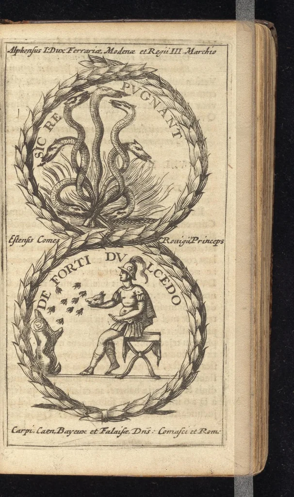 An illustration from Symbola varia diversorum principum, archiducum, ducum, comitum & marchionum totius Italiae : cum facili isagoge D. Anselmi de Boot, 1686, leaf 148