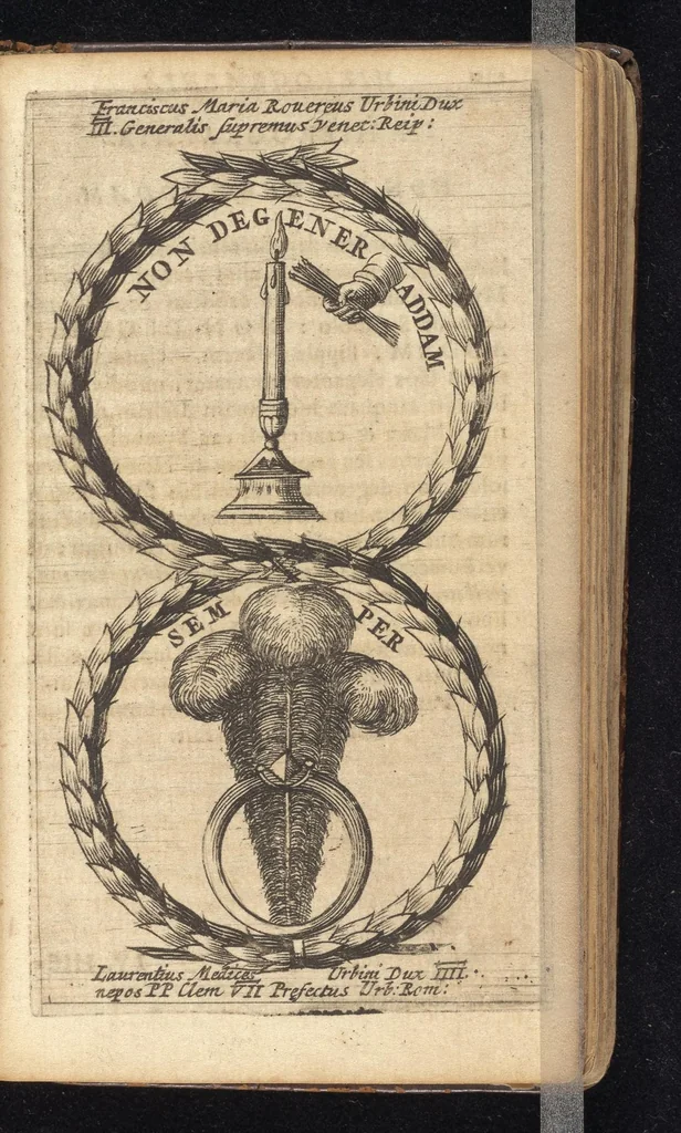An illustration from Symbola varia diversorum principum, archiducum, ducum, comitum & marchionum totius Italiae : cum facili isagoge D. Anselmi de Boot, 1686, leaf 216