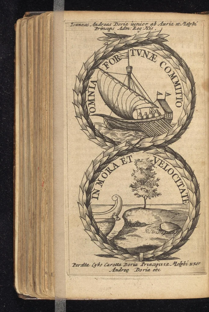 An illustration from Symbola varia diversorum principum, archiducum, ducum, comitum & marchionum totius Italiae : cum facili isagoge D. Anselmi de Boot, 1686, leaf 369