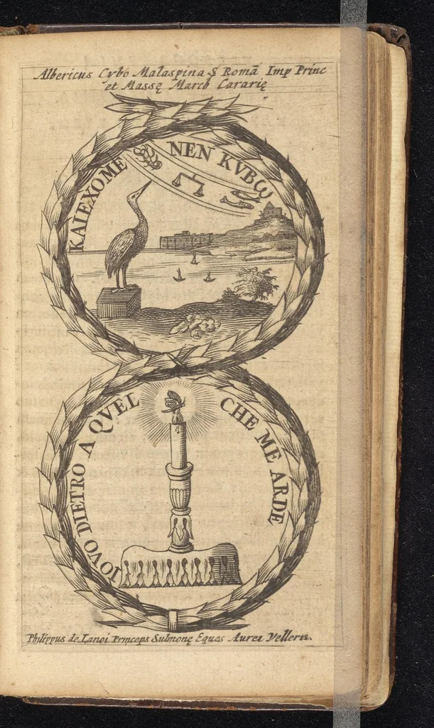An illustration from Symbola varia diversorum principum, archiducum, ducum, comitum & marchionum totius Italiae : cum facili isagoge D. Anselmi de Boot, 1686, leaf 396