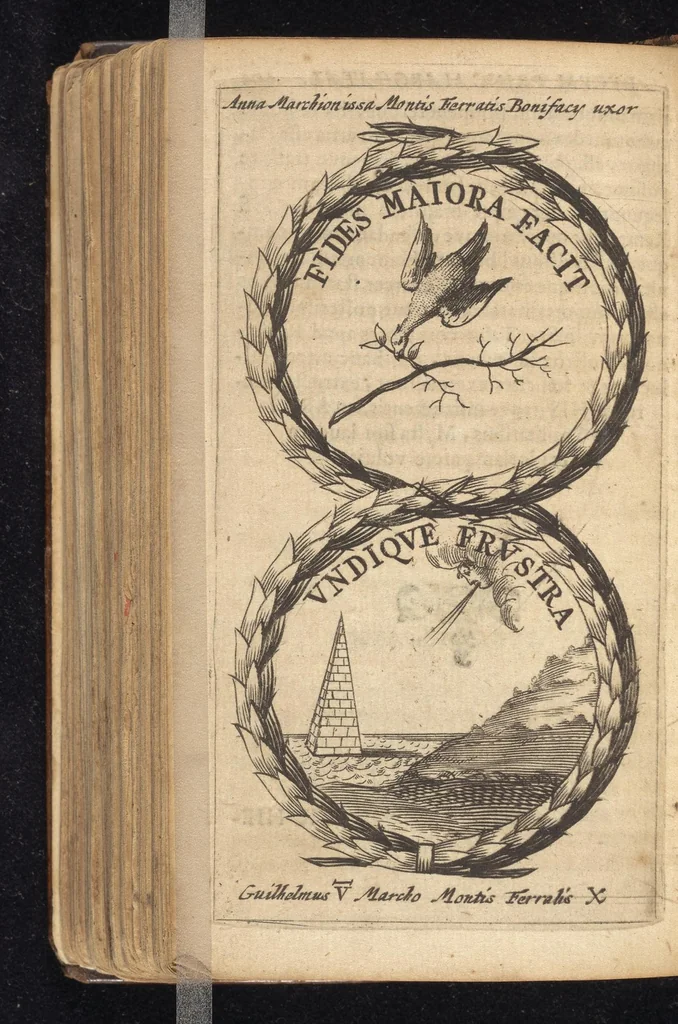 An illustration from Symbola varia diversorum principum, archiducum, ducum, comitum & marchionum totius Italiae : cum facili isagoge D. Anselmi de Boot, 1686, leaf 411