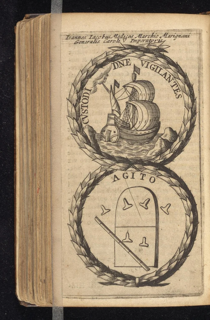 An illustration from Symbola varia diversorum principum, archiducum, ducum, comitum & marchionum totius Italiae : cum facili isagoge D. Anselmi de Boot, 1686, leaf 429