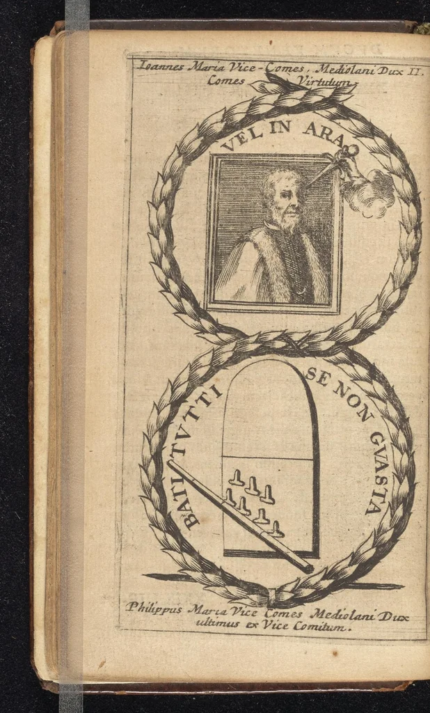 An illustration from Symbola varia diversorum principum, archiducum, ducum, comitum & marchionum totius Italiae : cum facili isagoge D. Anselmi de Boot, 1686, leaf 57