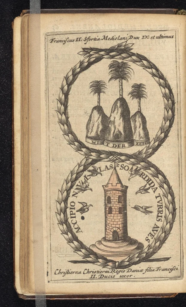 An illustration from Symbola varia diversorum principum, archiducum, ducum, comitum & marchionum totius Italiae : cum facili isagoge D. Anselmi de Boot, 1686, leaf 73
