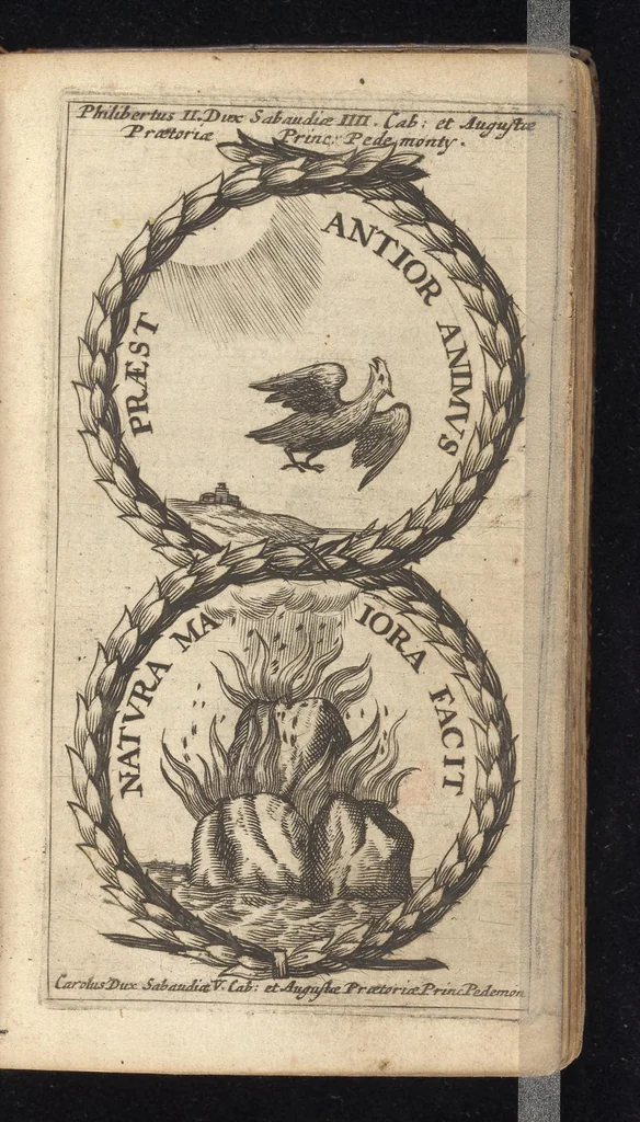 An illustration from Symbola varia diversorum principum, archiducum, ducum, comitum & marchionum totius Italiae : cum facili isagoge D. Anselmi de Boot, 1686, leaf 82