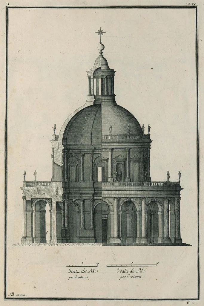 An illustration from Sacrarum ædium exemplaria nunc primum simul proposita XVI tabulis æneis : exhibent formam templi, crucis græcæ, crucis latinæ, navis unius, trium navium, nec non arearum, et erectionum descriptionem, 1700, leaf 12