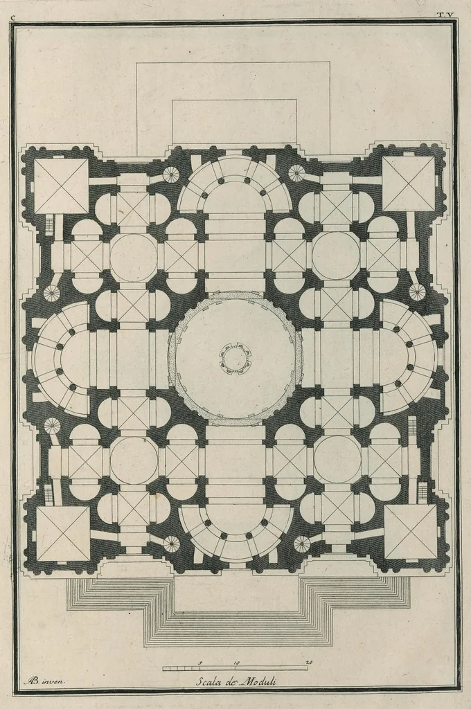 An illustration from Sacrarum ædium exemplaria nunc primum simul proposita XVI tabulis æneis : exhibent formam templi, crucis græcæ, crucis latinæ, navis unius, trium navium, nec non arearum, et erectionum descriptionem, 1700, leaf 14