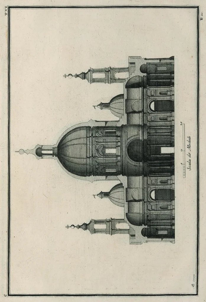 An illustration from Sacrarum ædium exemplaria nunc primum simul proposita XVI tabulis æneis : exhibent formam templi, crucis græcæ, crucis latinæ, navis unius, trium navium, nec non arearum, et erectionum descriptionem, 1700, leaf 16