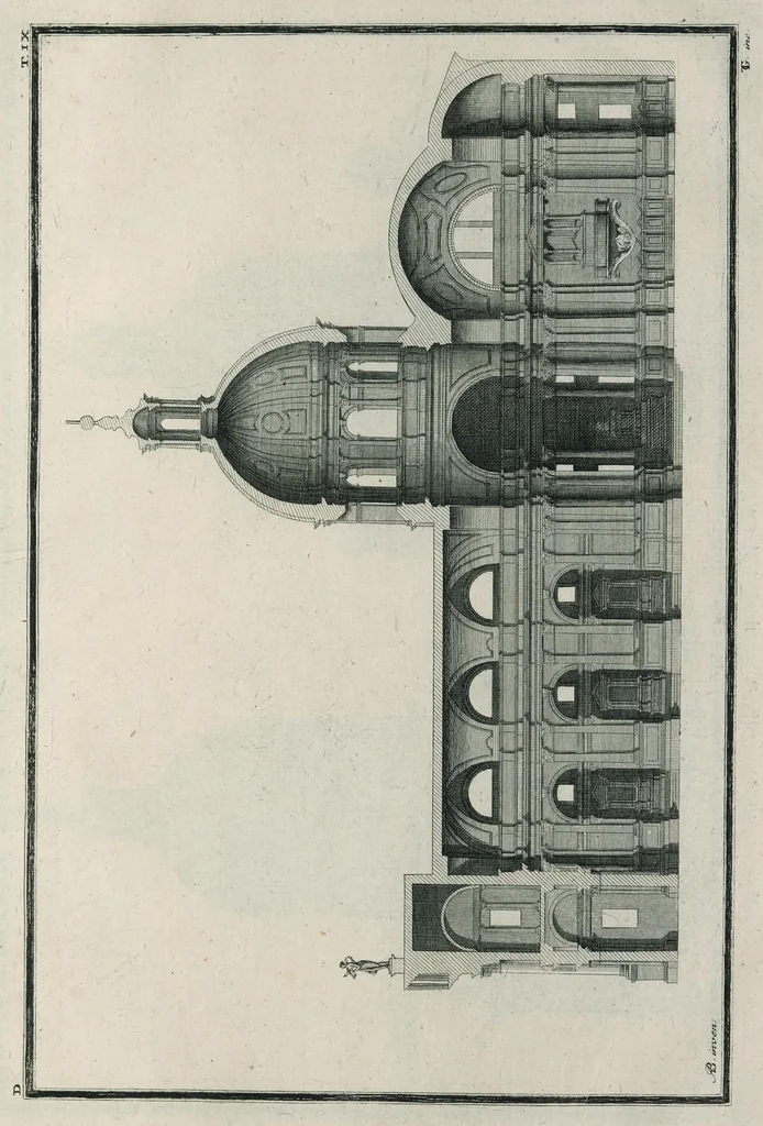 An illustration from Sacrarum ædium exemplaria nunc primum simul proposita XVI tabulis æneis : exhibent formam templi, crucis græcæ, crucis latinæ, navis unius, trium navium, nec non arearum, et erectionum descriptionem, 1700, leaf 22