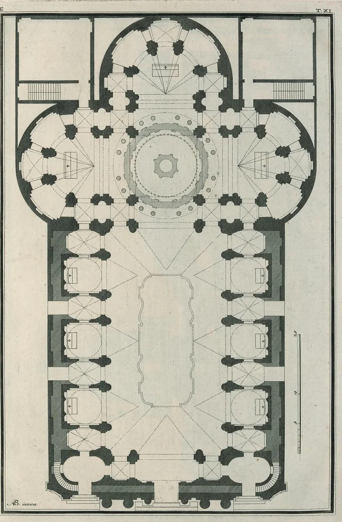 An illustration from Sacrarum ædium exemplaria nunc primum simul proposita XVI tabulis æneis : exhibent formam templi, crucis græcæ, crucis latinæ, navis unius, trium navium, nec non arearum, et erectionum descriptionem, 1700, leaf 26