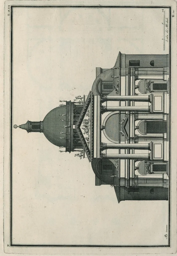 An illustration from Sacrarum ædium exemplaria nunc primum simul proposita XVI tabulis æneis : exhibent formam templi, crucis græcæ, crucis latinæ, navis unius, trium navium, nec non arearum, et erectionum descriptionem, 1700, leaf 30