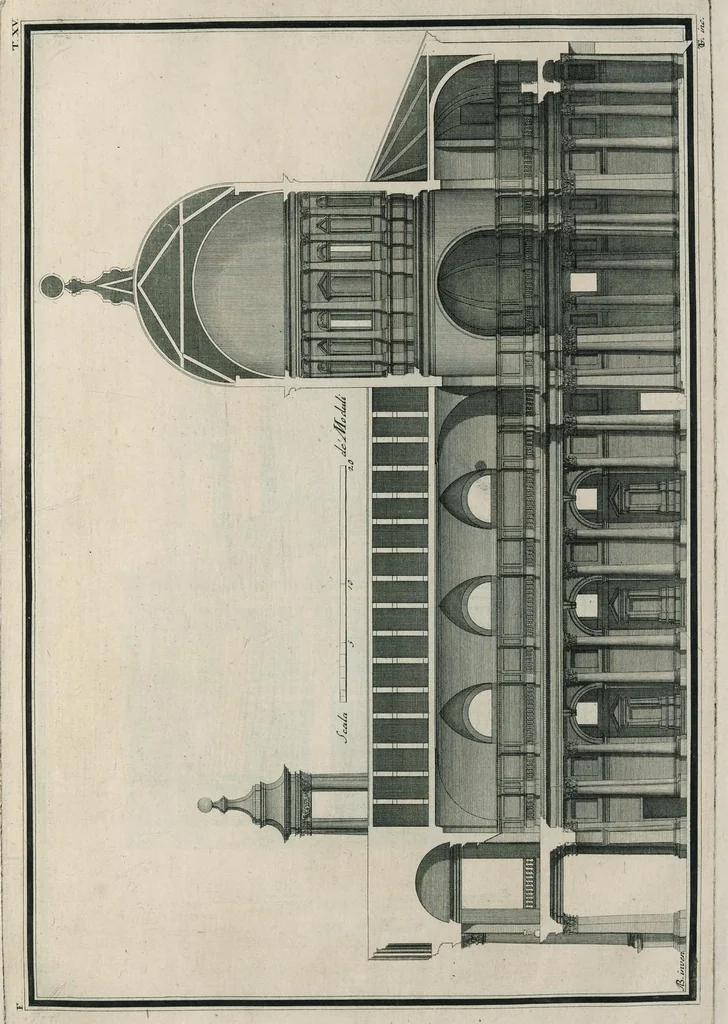 An illustration from Sacrarum ædium exemplaria nunc primum simul proposita XVI tabulis æneis : exhibent formam templi, crucis græcæ, crucis latinæ, navis unius, trium navium, nec non arearum, et erectionum descriptionem, 1700, leaf 34