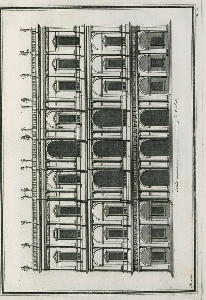 An illustration from Architecturæ ordines : gradatim dispositi in orthografhiis ædium cum opere rustico attico, et symmetriis coronidum in frontibus non ornatis ; X tabulis æneis nunc primum in lucem editi, 1700, leaf 6
