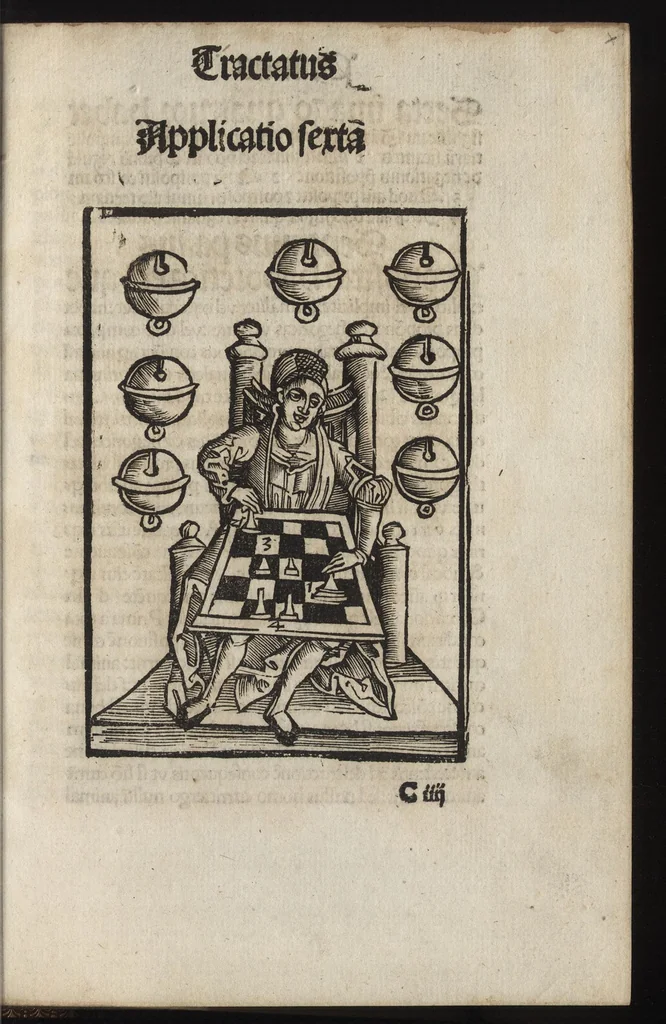 An illustration from Logica memoratiua : chartiludiũ logice, siue, totius dialectice memoria : & nouus Petri Hyspani textus emendatus : cum iucundo pictasmatis exercitio, 1509, leaf 46