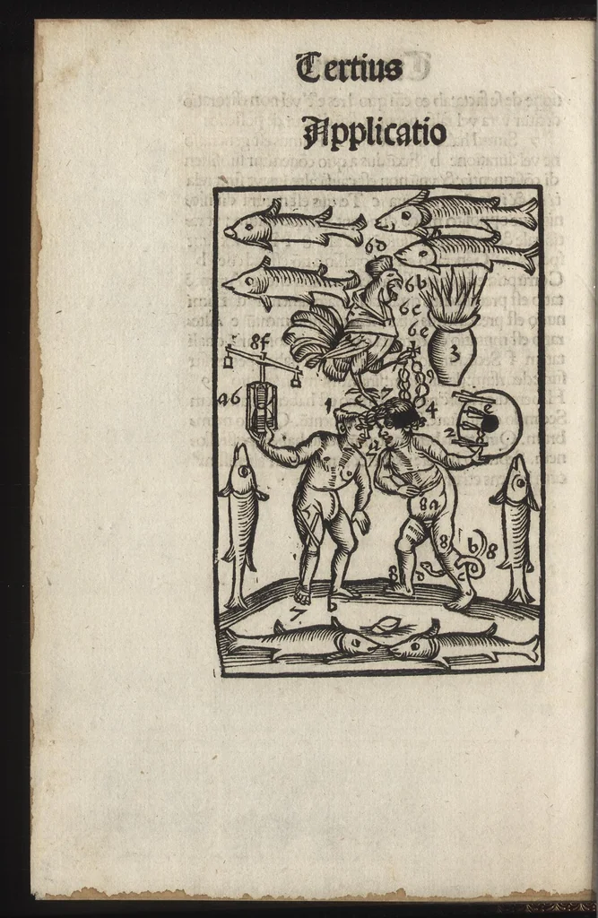 An illustration from Logica memoratiua : chartiludiũ logice, siue, totius dialectice memoria : & nouus Petri Hyspani textus emendatus : cum iucundo pictasmatis exercitio, 1509, leaf 87