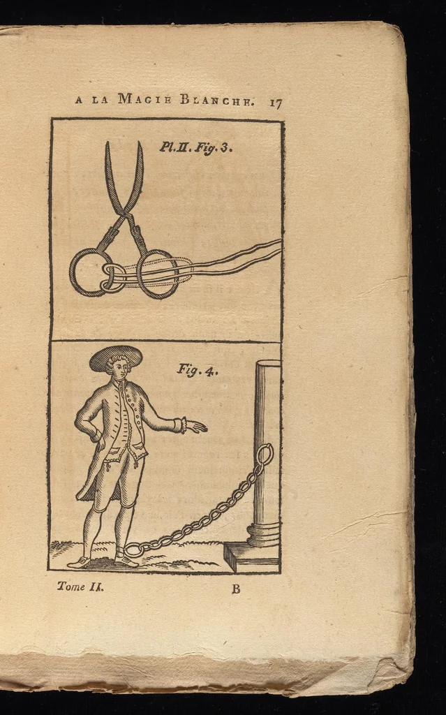An illustration from Supplément a La magie blanche dévoilée : contenant l'explication de plusieurs tours nouveaux, joués depuis peu à Londres : avec des éclaircissemens sur les artifices des joueurs de profession, les cadrans sympathiques, le mouvement perpétuel, les chevaux savans, les poupées parlantes, les automates dansans, les ventriloques, les sabots élastiques, &c. &c., 1792, leaf 26