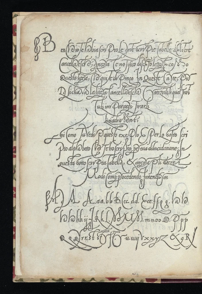 An illustration from Lo presente libro insegna la vera arte delo excelle[n]te scriuere de diuerse varie sorti de litere : le quali se fano p[e]r geometrica ragione & con la presente opera ognuno le potra imparare impochi giorni p[er] lo amaistramento, ragione, & essempli, come qui seguente vederai, 1544, leaf 11