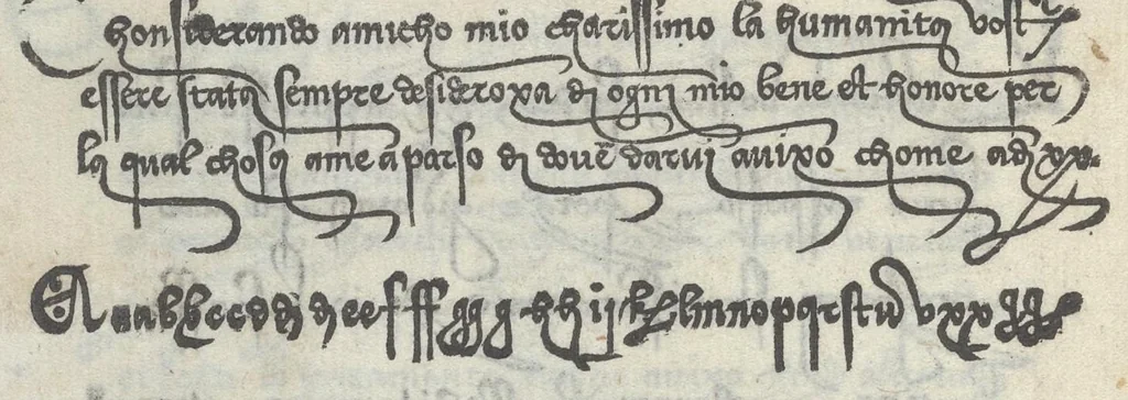 An illustration from Lo presente libro insegna la vera arte delo excelle[n]te scriuere de diuerse varie sorti de litere : le quali se fano p[e]r geometrica ragione & con la presente opera ognuno le potra imparare impochi giorni p[er] lo amaistramento, ragione, & essempli, come qui seguente vederai, 1544, leaf 21