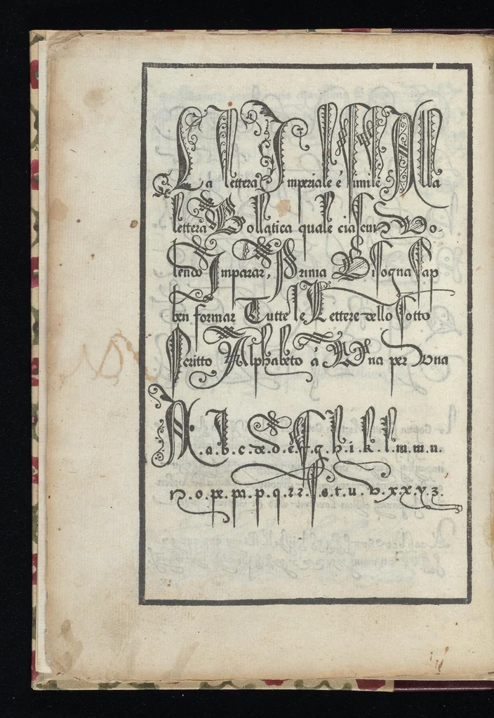 An illustration from Lo presente libro insegna la vera arte delo excelle[n]te scriuere de diuerse varie sorti de litere : le quali se fano p[e]r geometrica ragione & con la presente opera ognuno le potra imparare impochi giorni p[er] lo amaistramento, ragione, & essempli, come qui seguente vederai, 1544, leaf 23