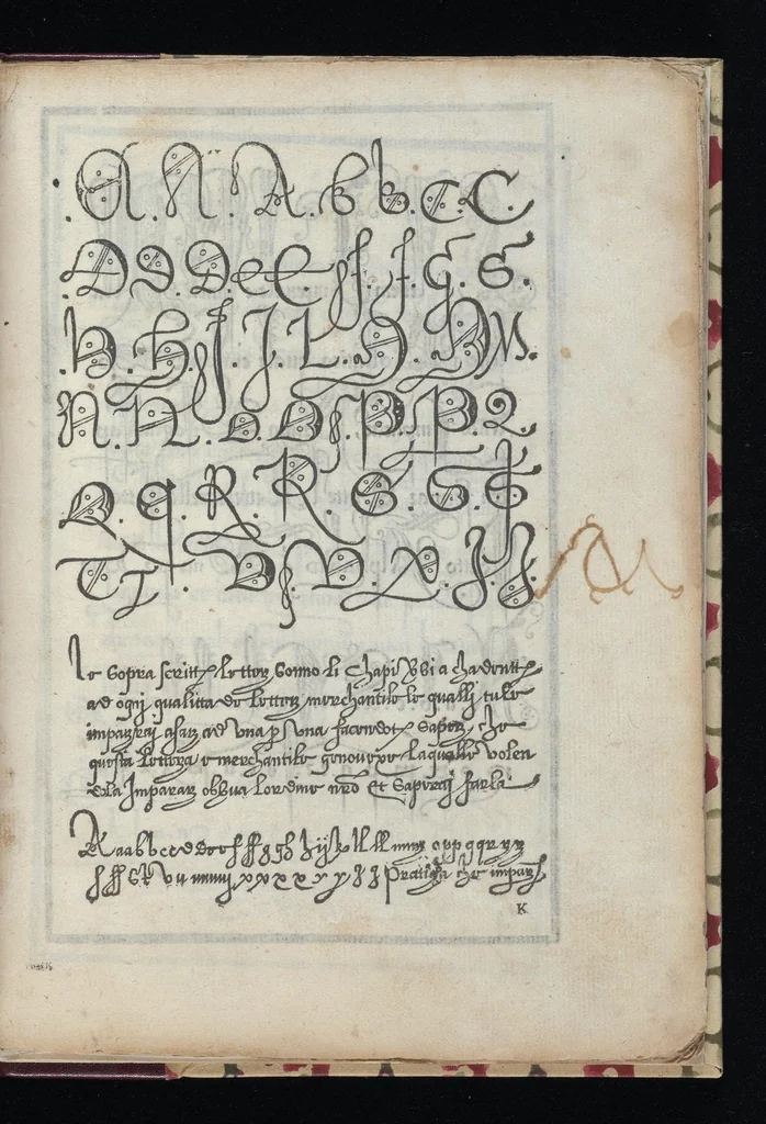 An illustration from Lo presente libro insegna la vera arte delo excelle[n]te scriuere de diuerse varie sorti de litere : le quali se fano p[e]r geometrica ragione & con la presente opera ognuno le potra imparare impochi giorni p[er] lo amaistramento, ragione, & essempli, come qui seguente vederai, 1544, leaf 24