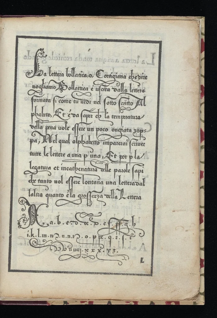 An illustration from Lo presente libro insegna la vera arte delo excelle[n]te scriuere de diuerse varie sorti de litere : le quali se fano p[e]r geometrica ragione & con la presente opera ognuno le potra imparare impochi giorni p[er] lo amaistramento, ragione, & essempli, come qui seguente vederai, 1544, leaf 26