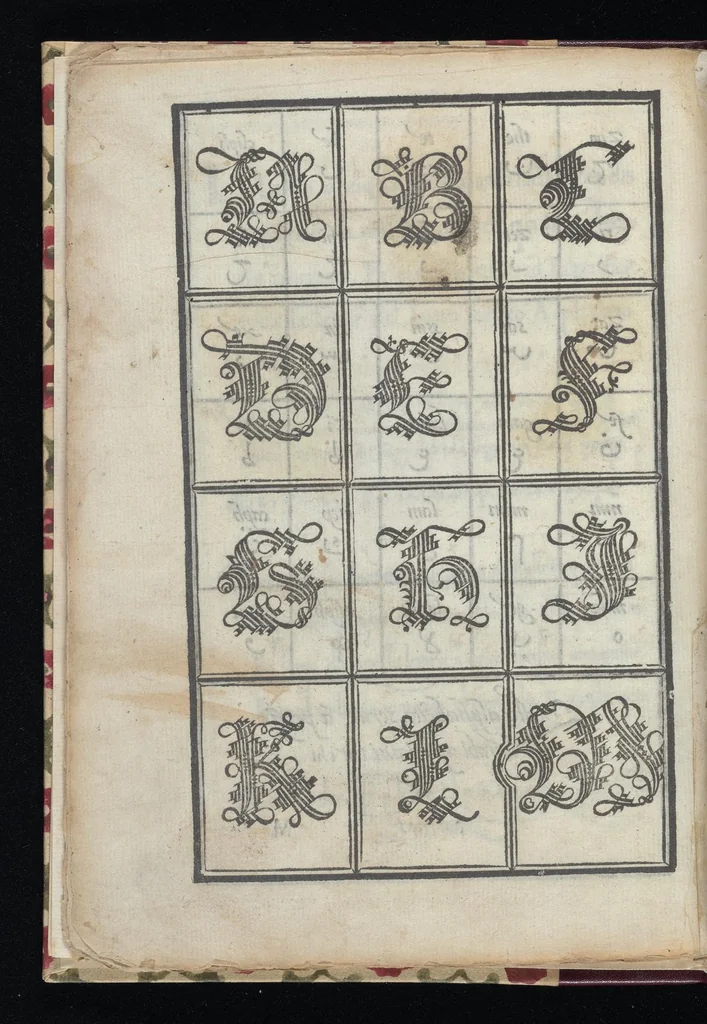 An illustration from Lo presente libro insegna la vera arte delo excelle[n]te scriuere de diuerse varie sorti de litere : le quali se fano p[e]r geometrica ragione & con la presente opera ognuno le potra imparare impochi giorni p[er] lo amaistramento, ragione, & essempli, come qui seguente vederai, 1544, leaf 27