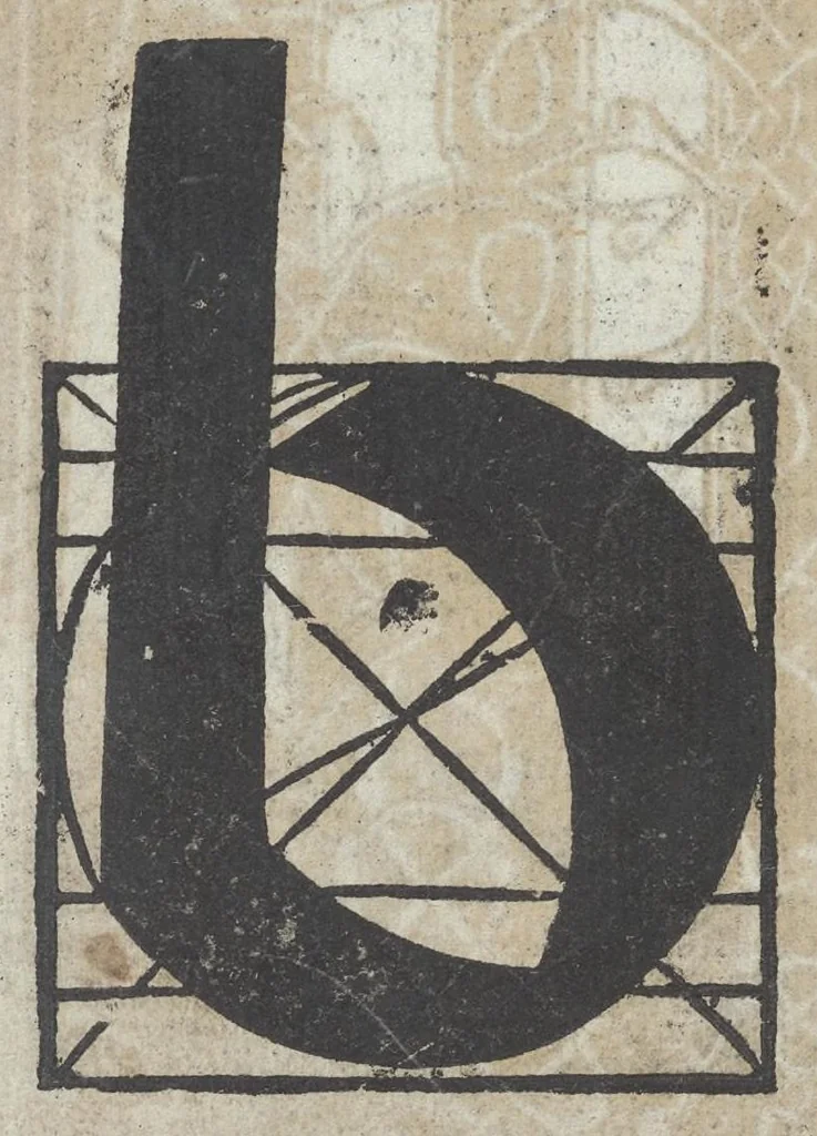 An illustration from Lo presente libro insegna la vera arte delo excelle[n]te scriuere de diuerse varie sorti de litere : le quali se fano p[e]r geometrica ragione & con la presente opera ognuno le potra imparare impochi giorni p[er] lo amaistramento, ragione, & essempli, come qui seguente vederai, 1544, leaf 33