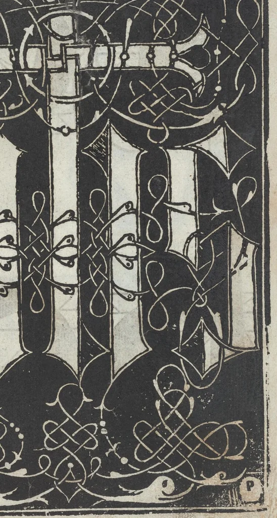 An illustration from Lo presente libro insegna la vera arte delo excelle[n]te scriuere de diuerse varie sorti de litere : le quali se fano p[e]r geometrica ragione & con la presente opera ognuno le potra imparare impochi giorni p[er] lo amaistramento, ragione, & essempli, come qui seguente vederai, 1544, leaf 34
