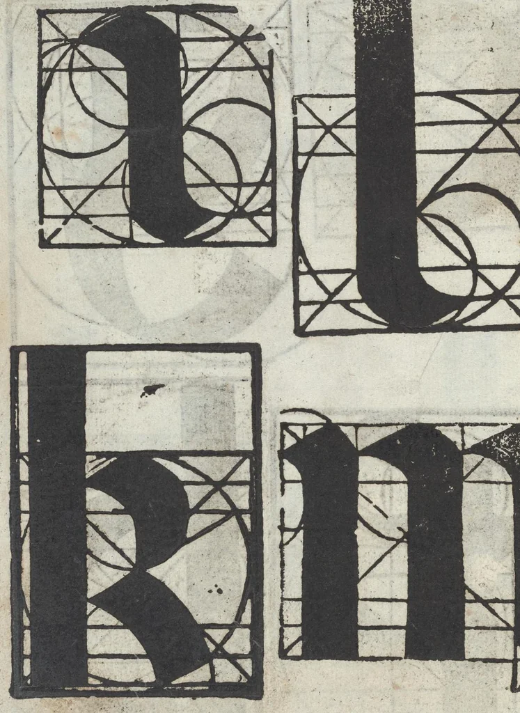 An illustration from Lo presente libro insegna la vera arte delo excelle[n]te scriuere de diuerse varie sorti de litere : le quali se fano p[e]r geometrica ragione & con la presente opera ognuno le potra imparare impochi giorni p[er] lo amaistramento, ragione, & essempli, come qui seguente vederai, 1544, leaf 35