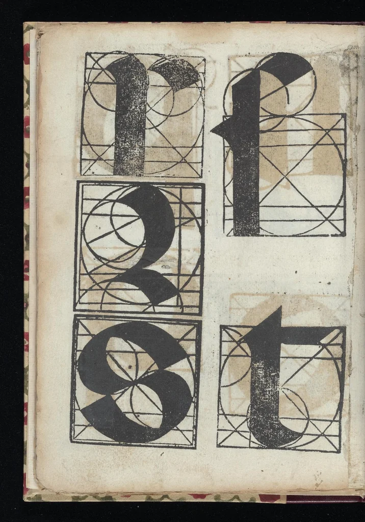 An illustration from Lo presente libro insegna la vera arte delo excelle[n]te scriuere de diuerse varie sorti de litere : le quali se fano p[e]r geometrica ragione & con la presente opera ognuno le potra imparare impochi giorni p[er] lo amaistramento, ragione, & essempli, come qui seguente vederai, 1544, leaf 37