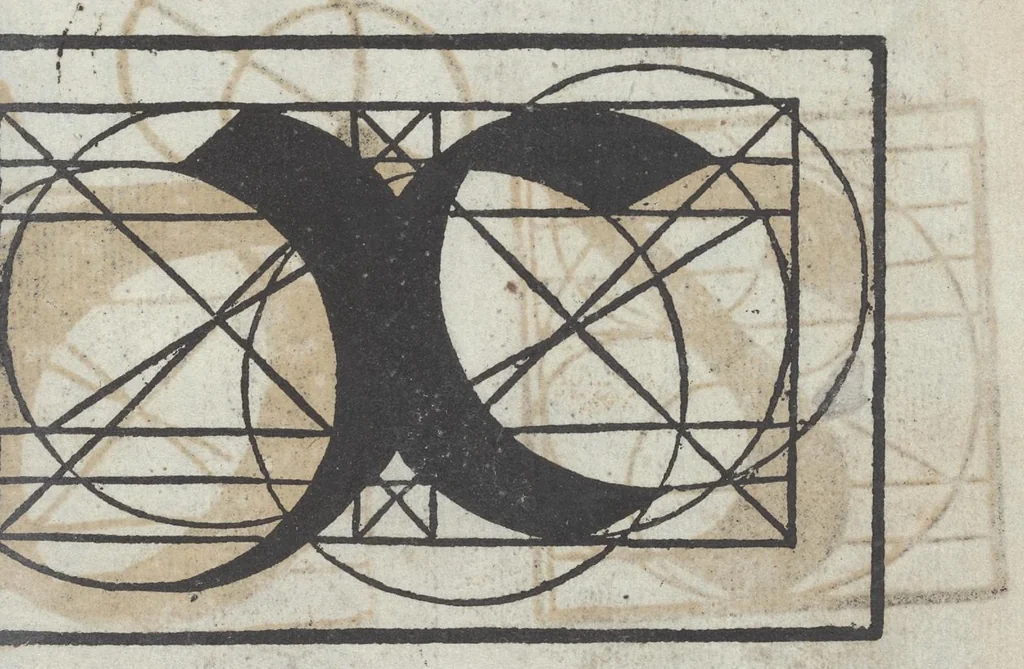 An illustration from Lo presente libro insegna la vera arte delo excelle[n]te scriuere de diuerse varie sorti de litere : le quali se fano p[e]r geometrica ragione & con la presente opera ognuno le potra imparare impochi giorni p[er] lo amaistramento, ragione, & essempli, come qui seguente vederai, 1544, leaf 38