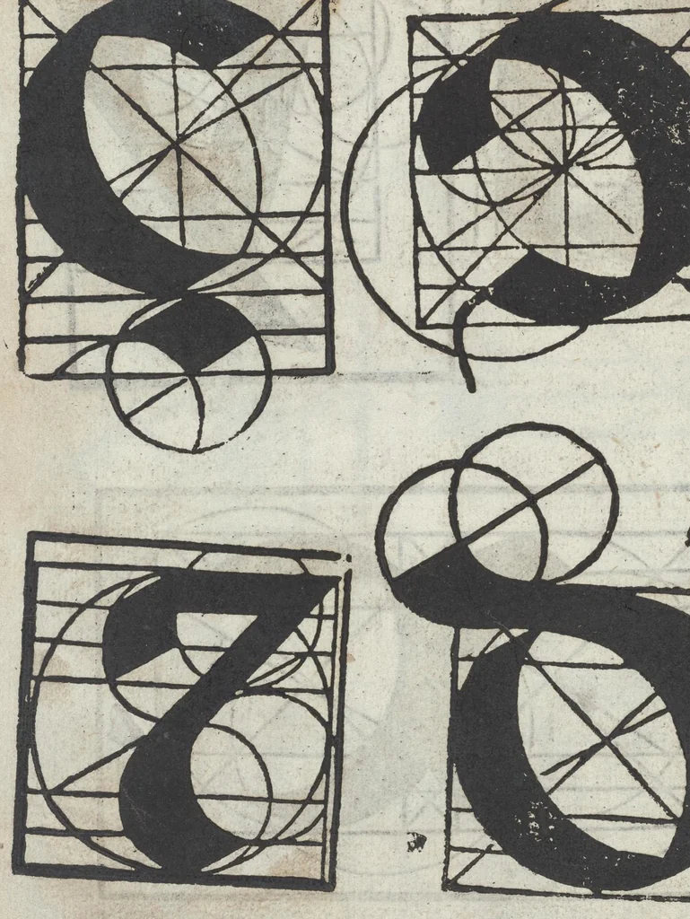 An illustration from Lo presente libro insegna la vera arte delo excelle[n]te scriuere de diuerse varie sorti de litere : le quali se fano p[e]r geometrica ragione & con la presente opera ognuno le potra imparare impochi giorni p[er] lo amaistramento, ragione, & essempli, come qui seguente vederai, 1544, leaf 39