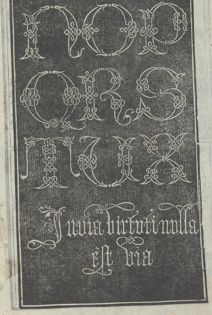 An illustration from Lo presente libro insegna la vera arte delo excelle[n]te scriuere de diuerse varie sorti de litere : le quali se fano p[e]r geometrica ragione & con la presente opera ognuno le potra imparare impochi giorni p[er] lo amaistramento, ragione, & essempli, come qui seguente vederai, 1544, leaf 44