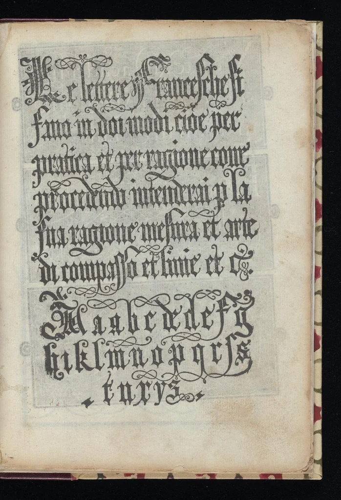 An illustration from Lo presente libro insegna la vera arte delo excelle[n]te scriuere de diuerse varie sorti de litere : le quali se fano p[e]r geometrica ragione & con la presente opera ognuno le potra imparare impochi giorni p[er] lo amaistramento, ragione, & essempli, come qui seguente vederai, 1544, leaf 46