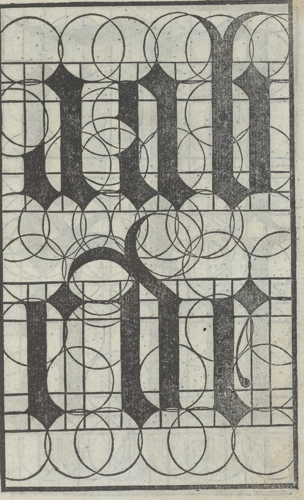 An illustration from Lo presente libro insegna la vera arte delo excelle[n]te scriuere de diuerse varie sorti de litere : le quali se fano p[e]r geometrica ragione & con la presente opera ognuno le potra imparare impochi giorni p[er] lo amaistramento, ragione, & essempli, come qui seguente vederai, 1544, leaf 48